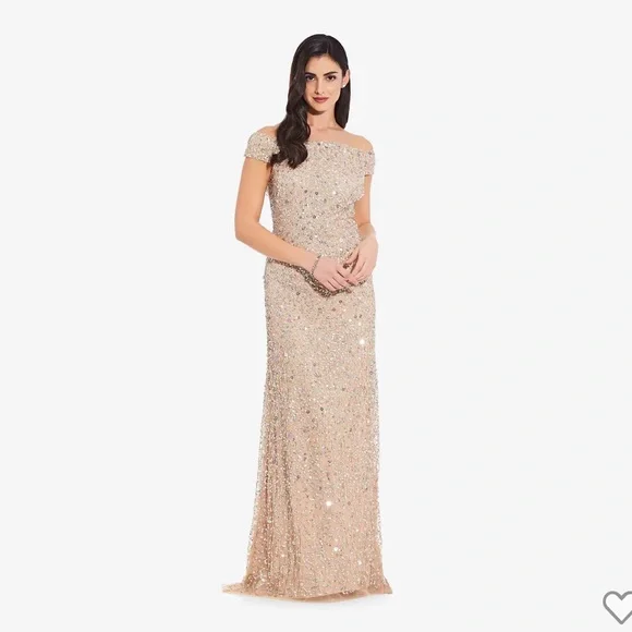 adrianna papell champagne beaded dress Floral Beaded Mermaid Gown With Flutter Cap Sleeves In Light Champagne